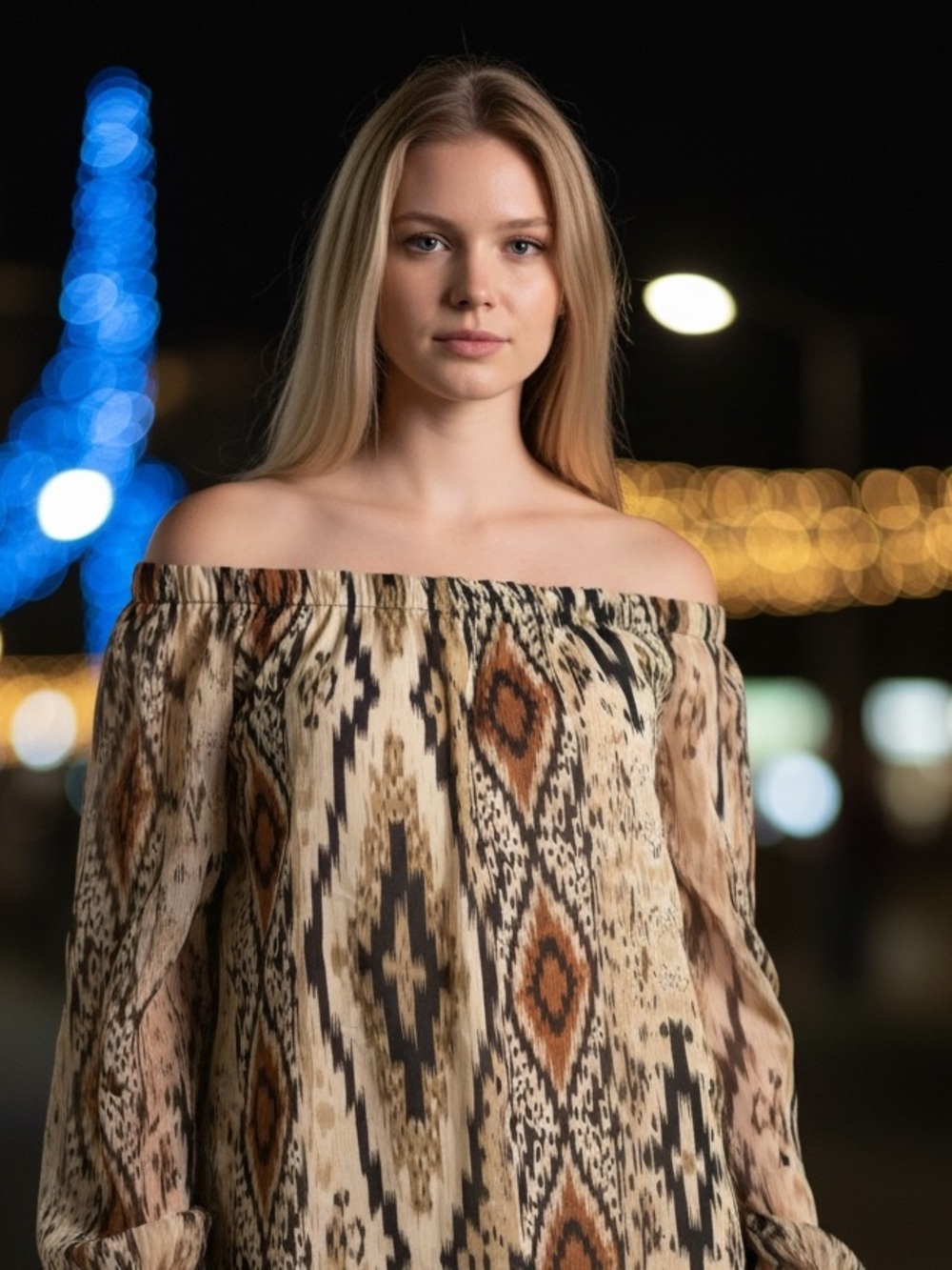 Rancho Estancia Boho Beige Black Brown Ikat Print Off the Shoulder Dress Size S